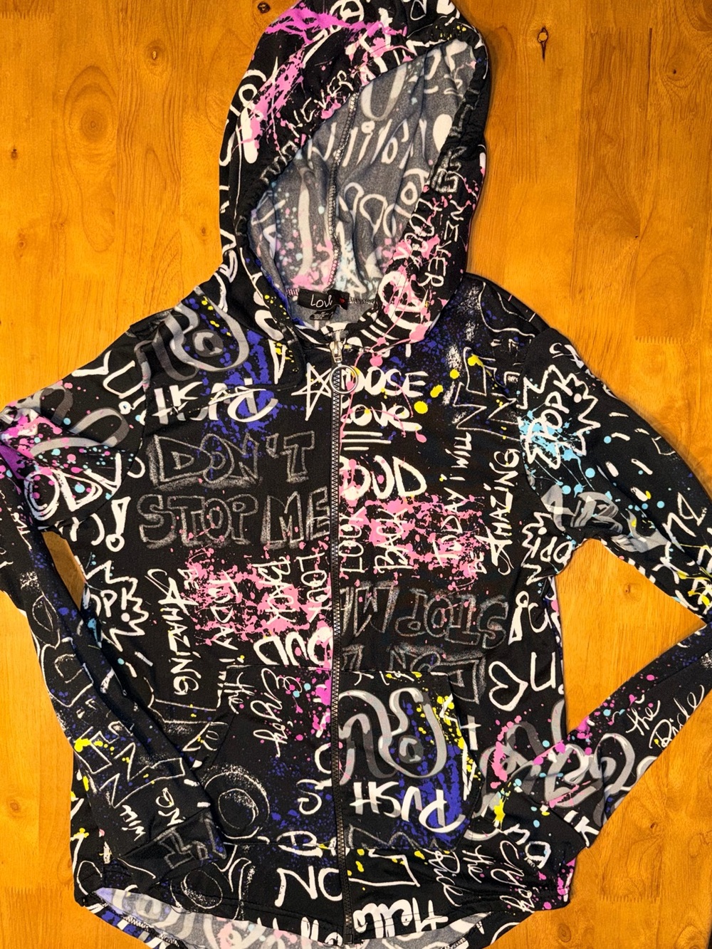 Love Graffiti Print Zip Up Hoodie Black Pink Blue Streetwear Lightweight Medium